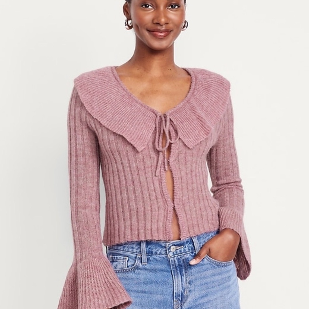 ✨NEW✨Women's Dusty Rose Ribbed Tie-Front Sweater with Peter Pan Collar